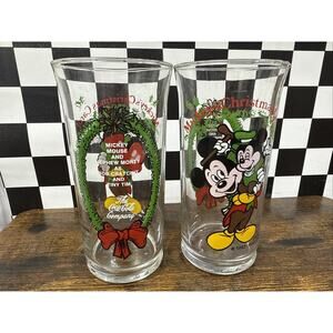 6” Vintage 1982 Walt Disney Mickey’s Christmas Carol Glasses Coca Cola Set of 2